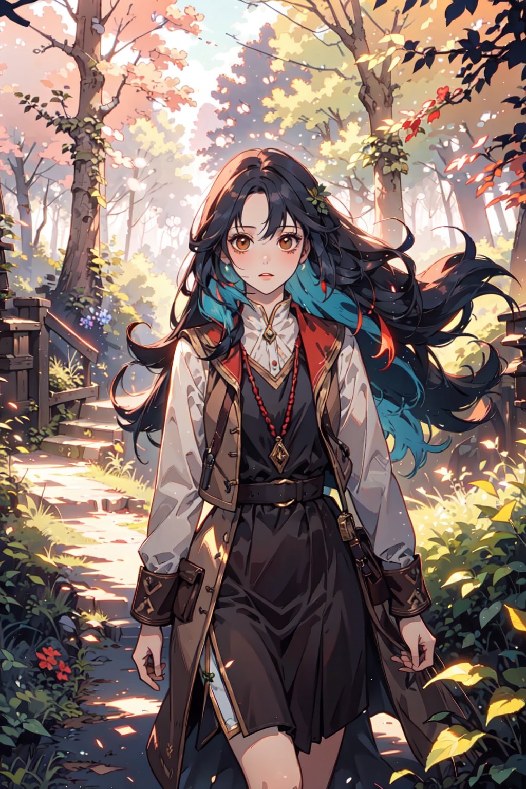 (masterpiece), best quality, high resolution, extremely detailed, detailed background, dynamic lighting, realistic, photorealistic,1 girl, realistic, long hair, alchemist, sunset, collecting herbs, cute hairstyle, vibrant colorful hair, windy, forest, magical forest, walking the forest, forest bridge of branches