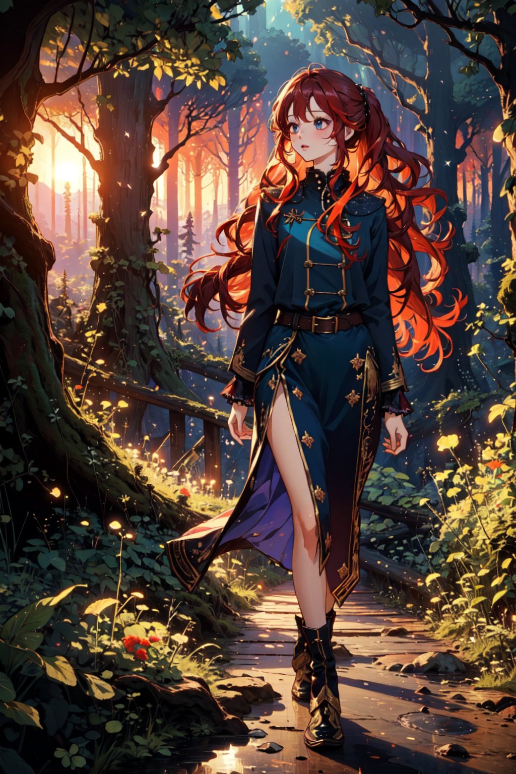 (masterpiece), best quality, high resolution, extremely detailed, detailed background, dynamic lighting, realistic, photorealistic,1 girl, realistic, long hair, alchemist, sunset, collecting herbs, cute hairstyle, vibrant colorful hair, windy, forest, magical forest, walking the forest, forest bridge of branches