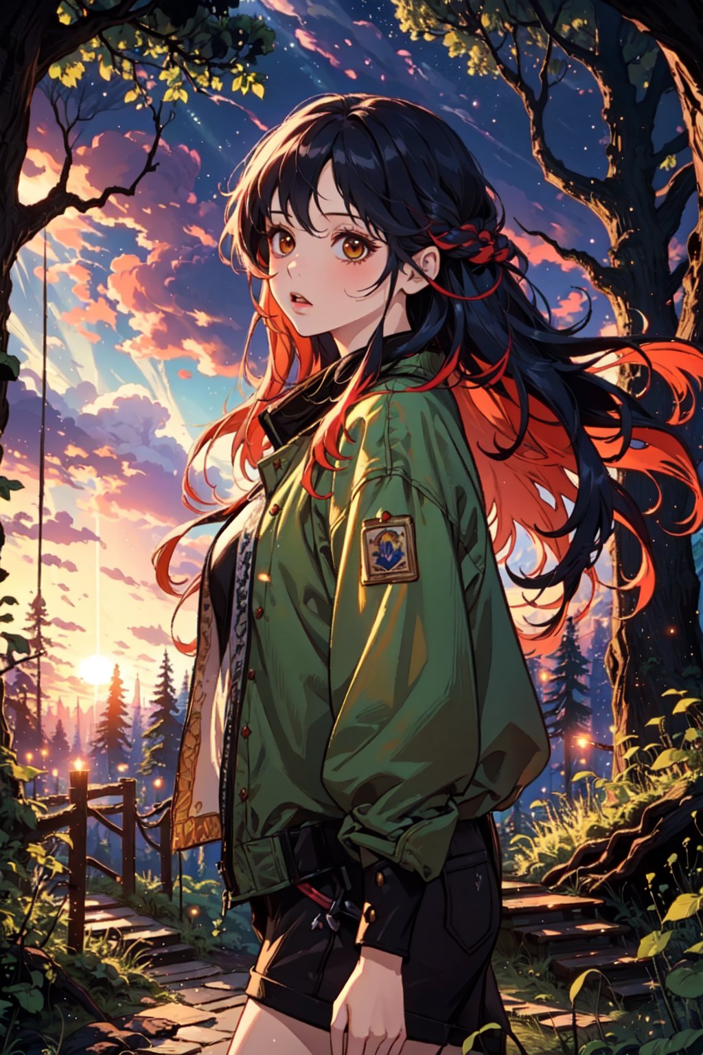 (masterpiece), best quality, high resolution, extremely detailed, detailed background, dynamic lighting, realistic, photorealistic,1 girl, realistic, long hair, alchemist, sunset, collecting herbs, cute hairstyle, vibrant colorful hair, windy, forest, magical forest, walking the forest, forest bridge of branches