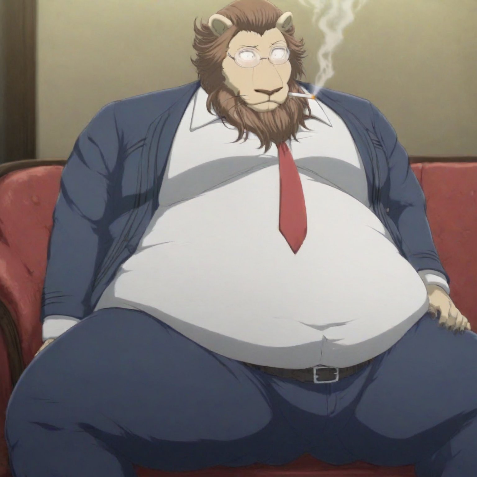 very rotund, round, very fat, very obese Ibuki the maasai lion from beastars, with a tail, brown mane, sitting on a couch in a japanese mansion, smoking an cigarette, wearing rectangular eyeglasses, open  jacket in dark blue with long sleeves, white shirt with a long red tie, dark blue pants with belt, black shoes, with a shocked facial expression. The scene is framed mid-shot, with soft, warm lighting highlighting his massive form, megachubsdxl