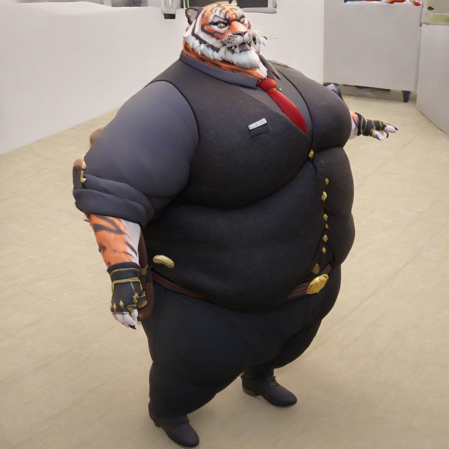  very rotund, very round, very obese Oscar the Tiger, walking in a old office room while eating a pizza,  wearing a black Vest, Black Collared Shirt, Red Tie, Black Pants, Gun Belt, Black Shoes, Fingerless Gloves, with a shocked facial expression. The scene is framed mid-shot, with soft, warm lighting highlighting his massive form, megachubsdxl,