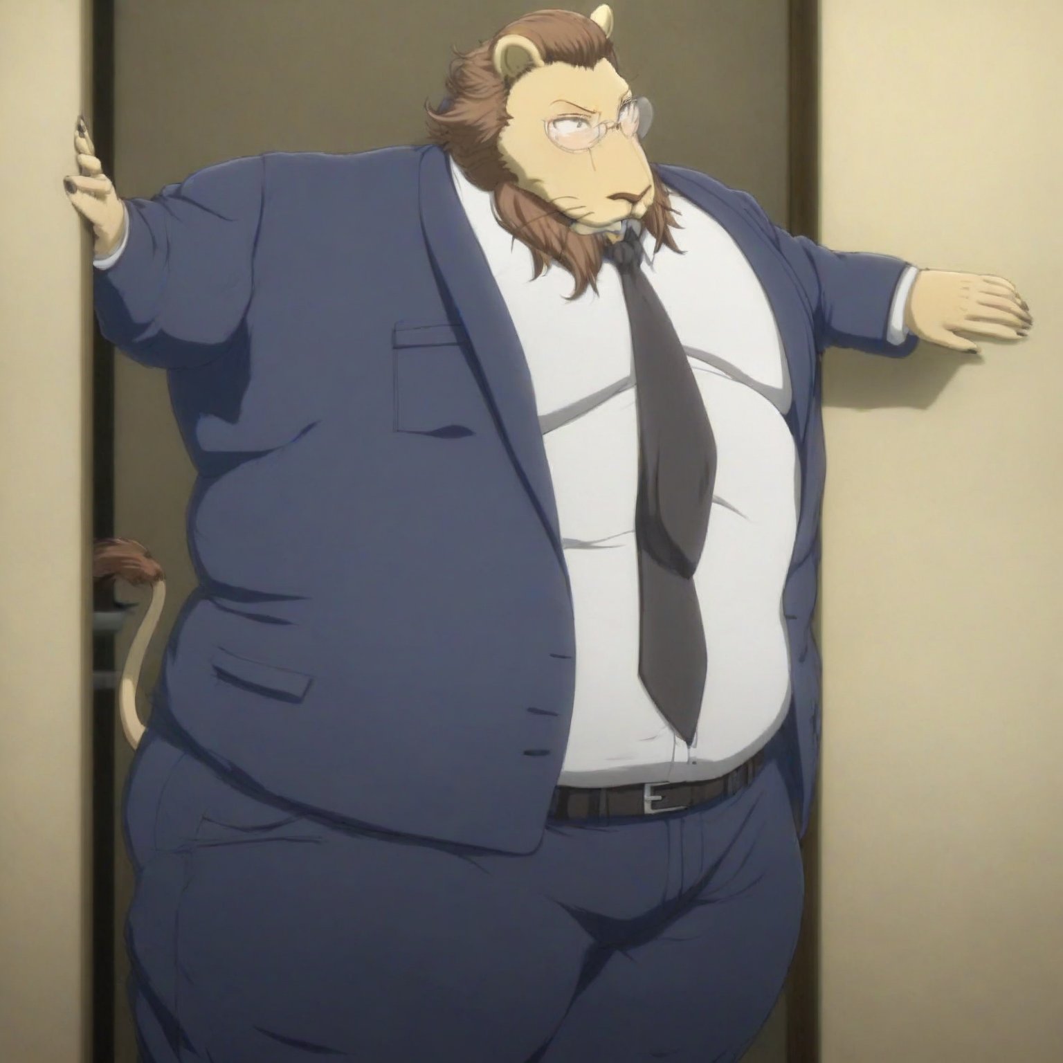 very rotund, round, very fat, very obese Ibuki the maasai lion from beastars, with a tail, yellowish/golden fur, big brown mane, being stuck in a doorway in a japanese mansion, wearing rectangular eyeglasses, dark Charcoal Blue opened blazer jacket with long sleeves and dark Charcoal Blue suit pants with belt, white shirt with a long red tie, black shoes, with a angry facial expression. The scene is framed mid-shot, with soft, warm lighting highlighting his massive form, megachubsdxl