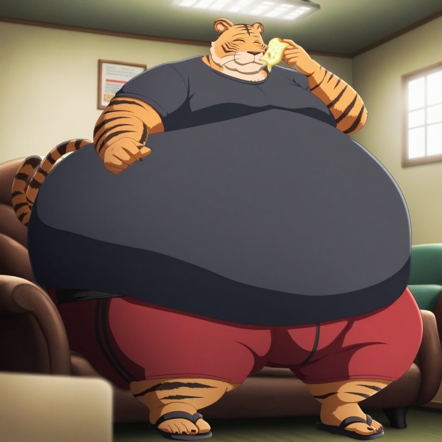 very rotund, round, very fat, very obese  Bill The Bengal Tiger from beastars, with a tail, eating pizza on a couch in a apartment, wearing a black t-shirt. red boxer shorts, black sandals, black wrist straps, with a pyscho facial expression. The scene is framed mid-shot, with soft, warm lighting highlighting his massive form