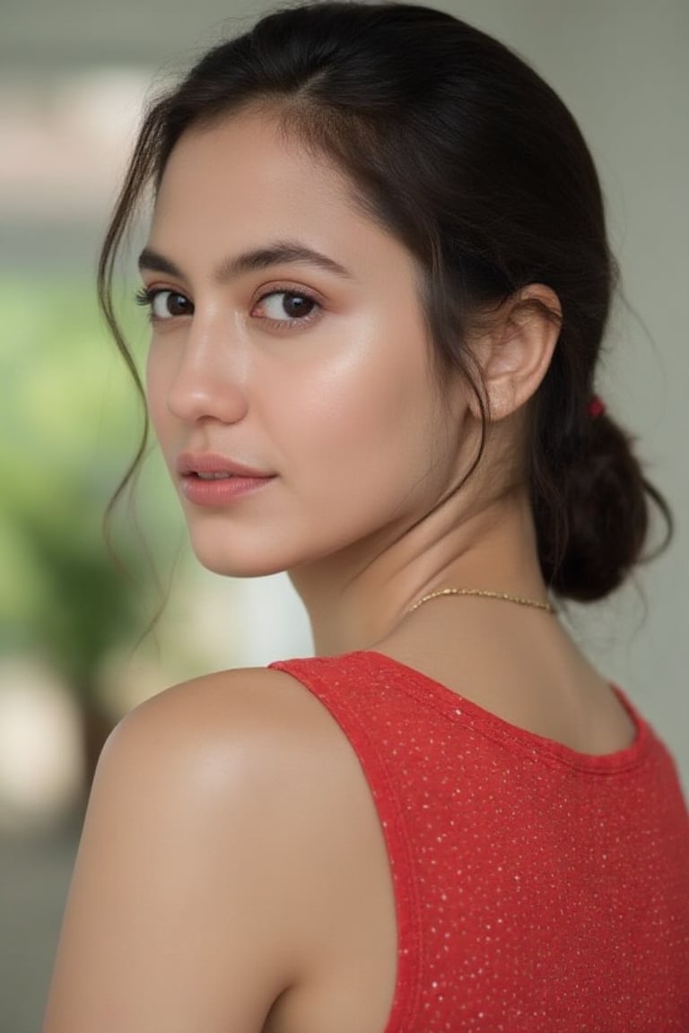 An image of a young woman with a soft, natural complexion and a low bun hairstyle, featuring loose strands of hair on the right side of her face. She poses semi-profile, facing slightly to the right, with her gaze meeting the camera. She wears a sleeveless red top with a small white dot pattern and a delicate gold necklace. The lighting is soft and natural, accentuating her thoughtful expression, against a softly blurred background.,pevit4