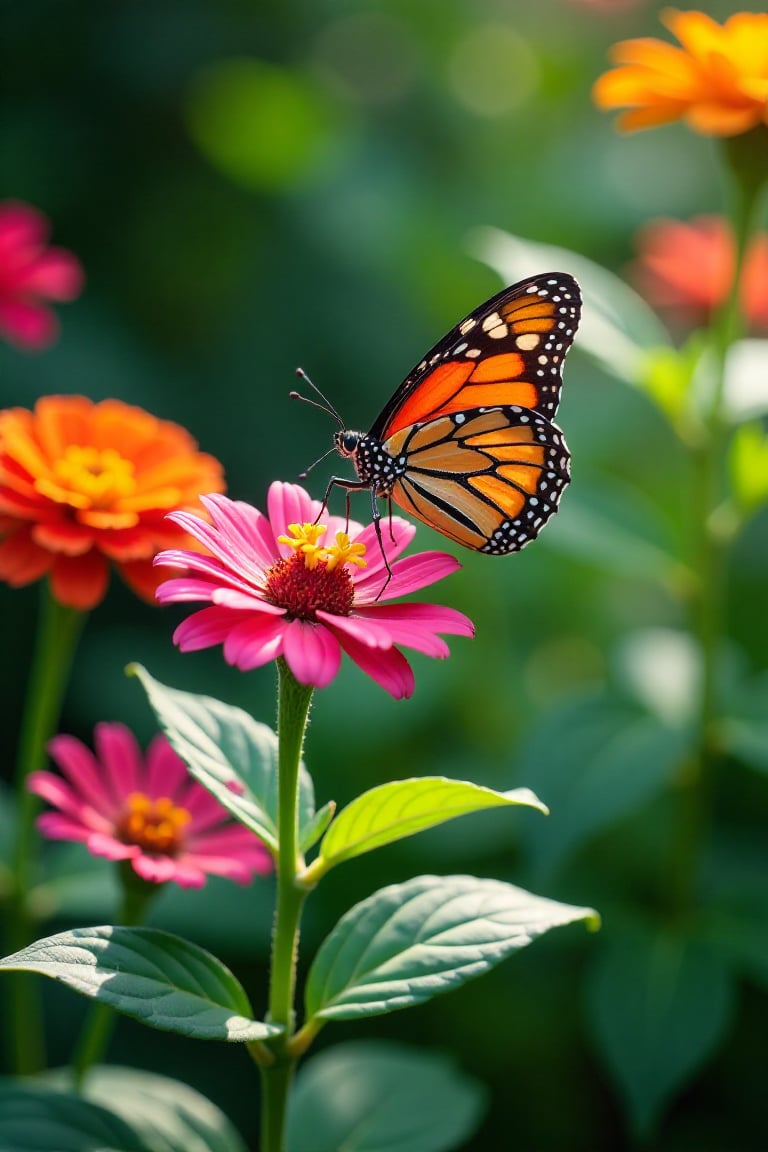 A vibrant garden scene with a butterfly delicately landing on a blooming shrub. The shrub is in full bloom with colorful flowers, surrounded by lush green foliage. The butterfly has intricate patterns on its wings, gently touching the petals. The lighting is soft and natural, with sunlight filtering through the leaves. The composition is balanced, capturing the butterfly's graceful pose and the beauty of the garden.