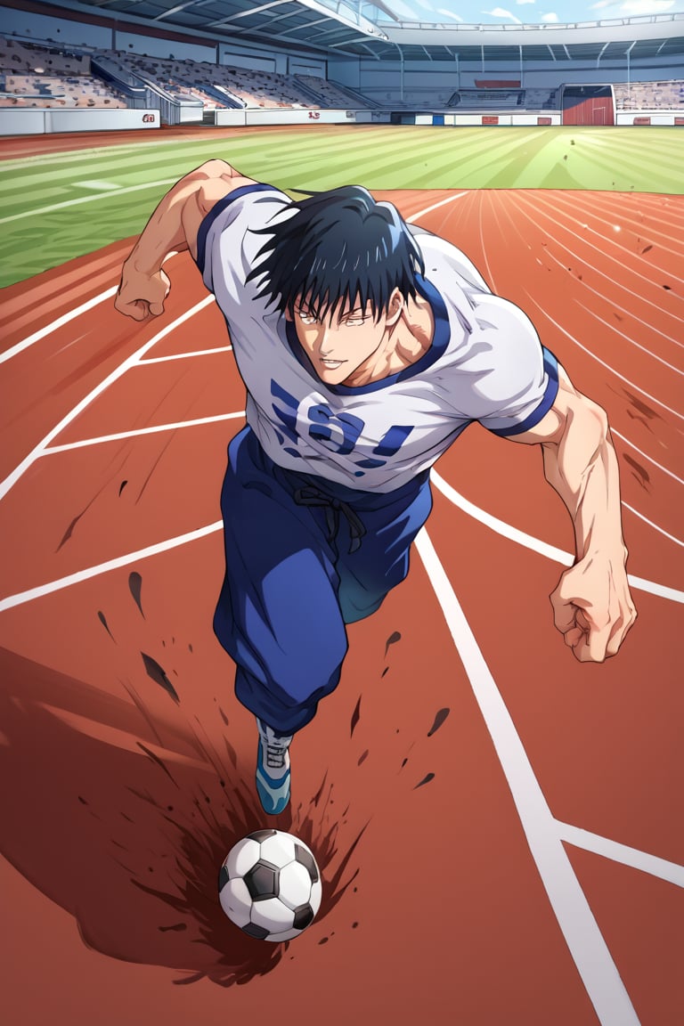 High Quality . Highly detailed , Master Piece , Beautiful (full body) , 1boy ,  solo, 
tight t-shirt, dark t-shirt, baggy pants, short hair, black hair,marked muscles, scars on the corner of his left lip , Toji Fushiguro From Jujutsu Kaisen, Running, soccer ball at his feet, soccer field, runs with the soccer ball medium hair, messy hair, anime style , beautiful men,more detail XL,score_9,score_8_up,score_7_up,score_6_up,score_5_up,score_4_up,source_anime,BREAK