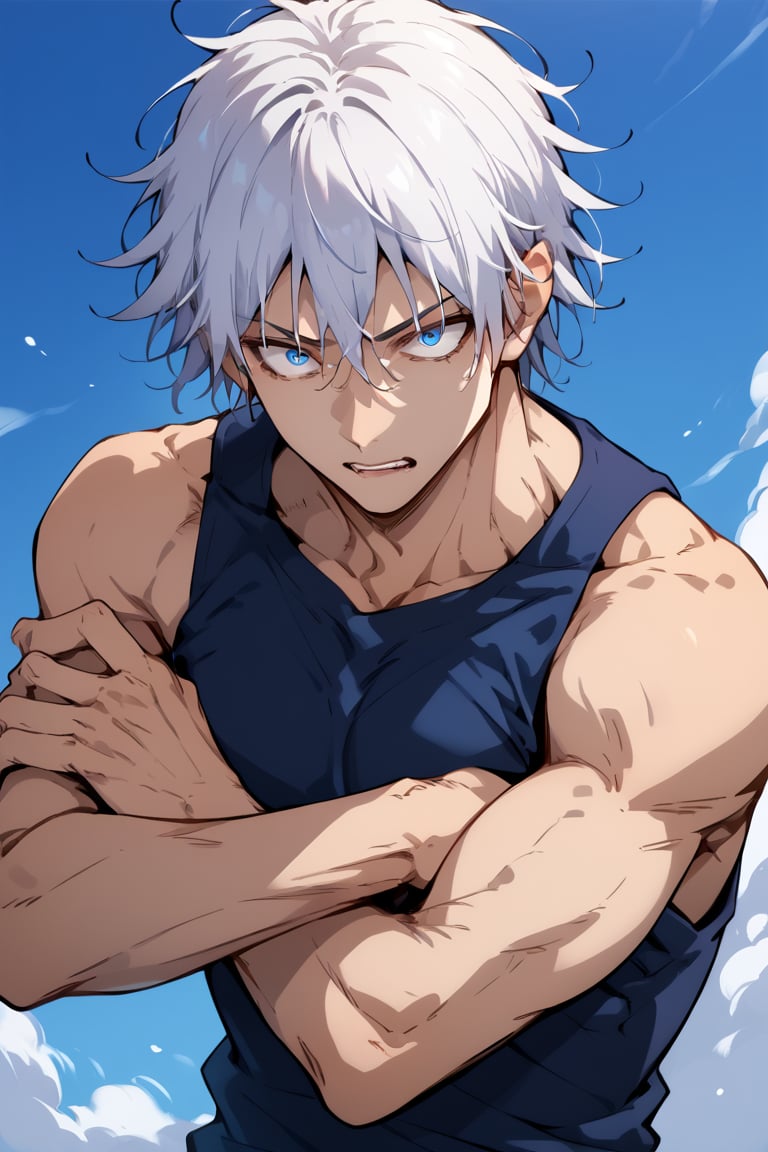 High Quality . Highly detailed , MAster Piece , Beautiful (medium long short) , 1boy ,  solo, 
Crossed arms, challenging look, blue eyes, crazy hair, baggy clothes, 
white hair, medium hair, messy hair, anime style , beautiful men,more detail XL,score_9,score_8_up,score_7_up,score_6_up,score_5_up,score_4_up,source_anime,BREAK