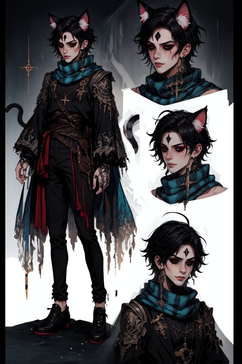  1 man, male face , short blue hair, furry ear, twink body, freckles face , kawaii ,perfect light , cat ear,fantasy clothing,wrenchftmfshn,Completely_black_eyes,dark_sclera,empty eyes,black sclera , intense smile, wearing a long scarf,(CharacterSheet:1),(multiple views, full body, upper body, reference sheet:1)