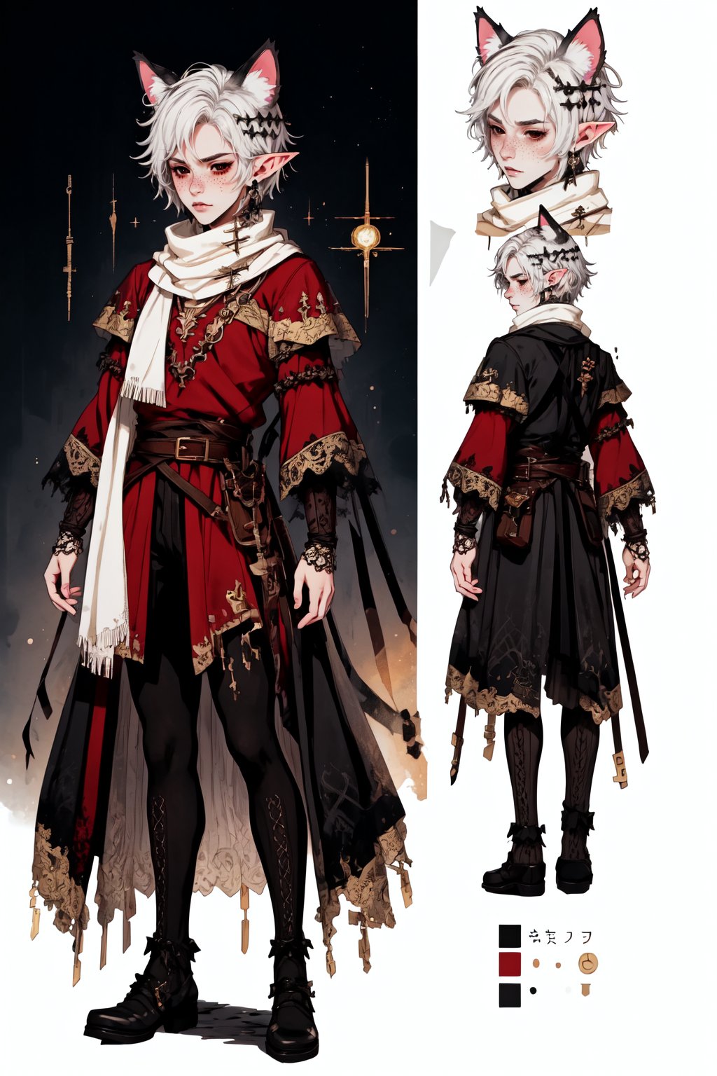  1 man, male face , short white hair, twink body, freckles face , kawaii ,perfect light , elf ear,stockings BREAK ,fantasy clothing,wrenchftmfshn   , wearing a big scarf,empty eyes,black sclera , cat ear,(CharacterSheet:1),(multiple views, full body, upper body, reference sheet:1)