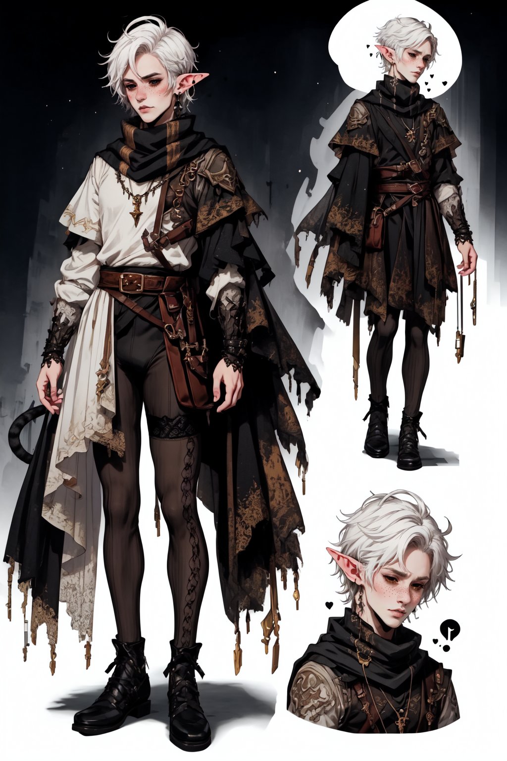  1 man, male face , short white hair, twink body, freckles face , kawaii ,perfect light , elf ear,stockings BREAK ,fantasy clothing,wrenchftmfshn   , wearing a big scarf,empty eyes,black sclera , cat ear,(CharacterSheet:1),(multiple views, full body, upper body, reference sheet:1)