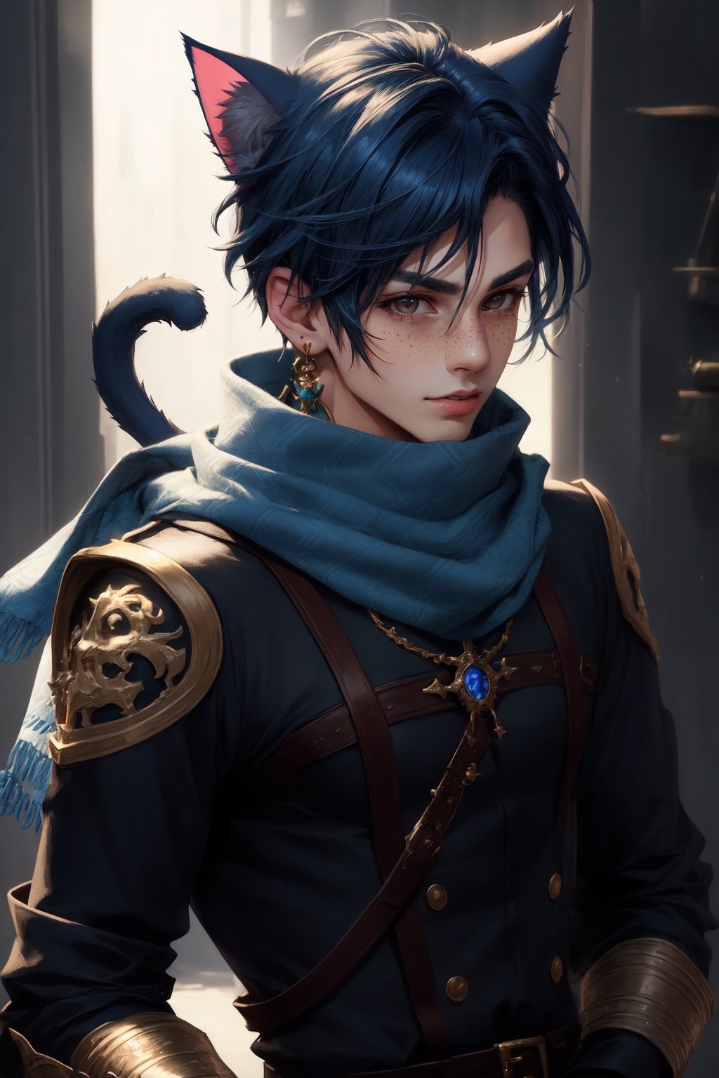  1 man, male face , short blue hair, furry ear, twink body, freckles face , kawaii ,perfect light , cat ear,fantasy clothing,wrenchftmfshn, wearing a long scarf