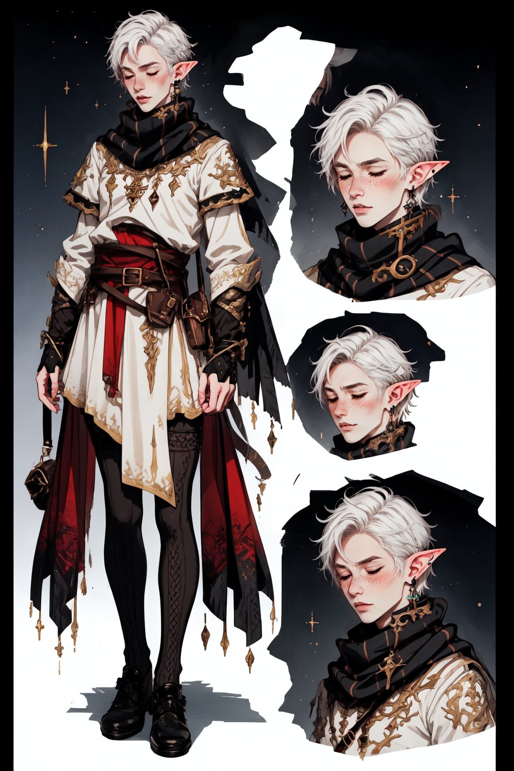  1 man, male face , short white hair, closed eyes, twink body, freckles face , kawaii ,perfect light , elf ear,stockings BREAK ,fantasy clothing,wrenchftmfshn   , wearing a big scarf,empty eyes,black sclera , cat ear,(CharacterSheet:1),(multiple views, full body, upper body, reference sheet:1)