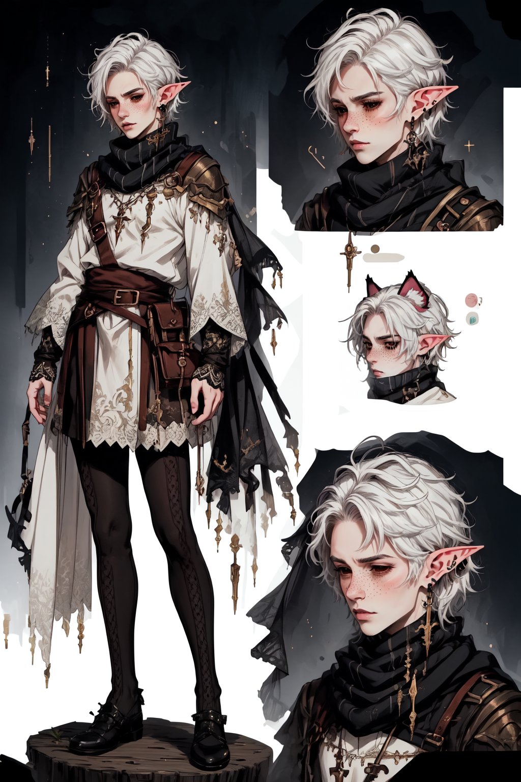  1 man, male face , short white hair, twink body, freckles face , kawaii ,perfect light , elf ear,stockings BREAK ,fantasy clothing,wrenchftmfshn   , wearing a big scarf,empty eyes,black sclera , cat ear,(CharacterSheet:1),(multiple views, full body, upper body, reference sheet:1)