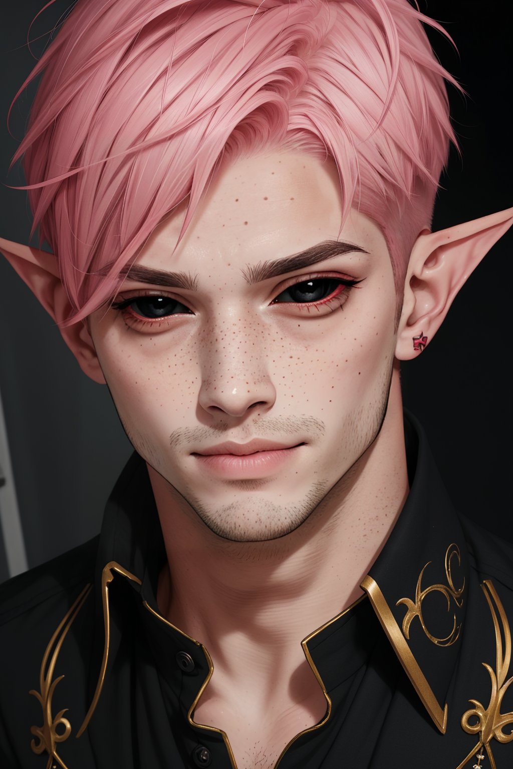  1 man, male face , short pink hair, twink body, freckles face , kawaii ,perfect light , elf ear,fantasy clothing,wrenchftmfshn,Completely_black_eyes,dark_sclera,empty eyes,black sclera , intense smile,