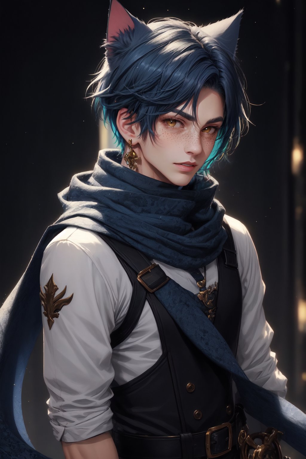  1 man, male face , short blue hair, furry ear, twink body, freckles face , kawaii ,perfect light , cat ear,fantasy clothing,wrenchftmfshn, wearing a long scarf