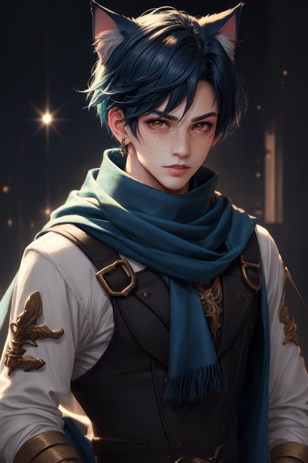  1 man, male face , short blue hair, furry ear, twink body, freckles face , kawaii ,perfect light , cat ear,fantasy clothing,wrenchftmfshn, wearing a long scarf