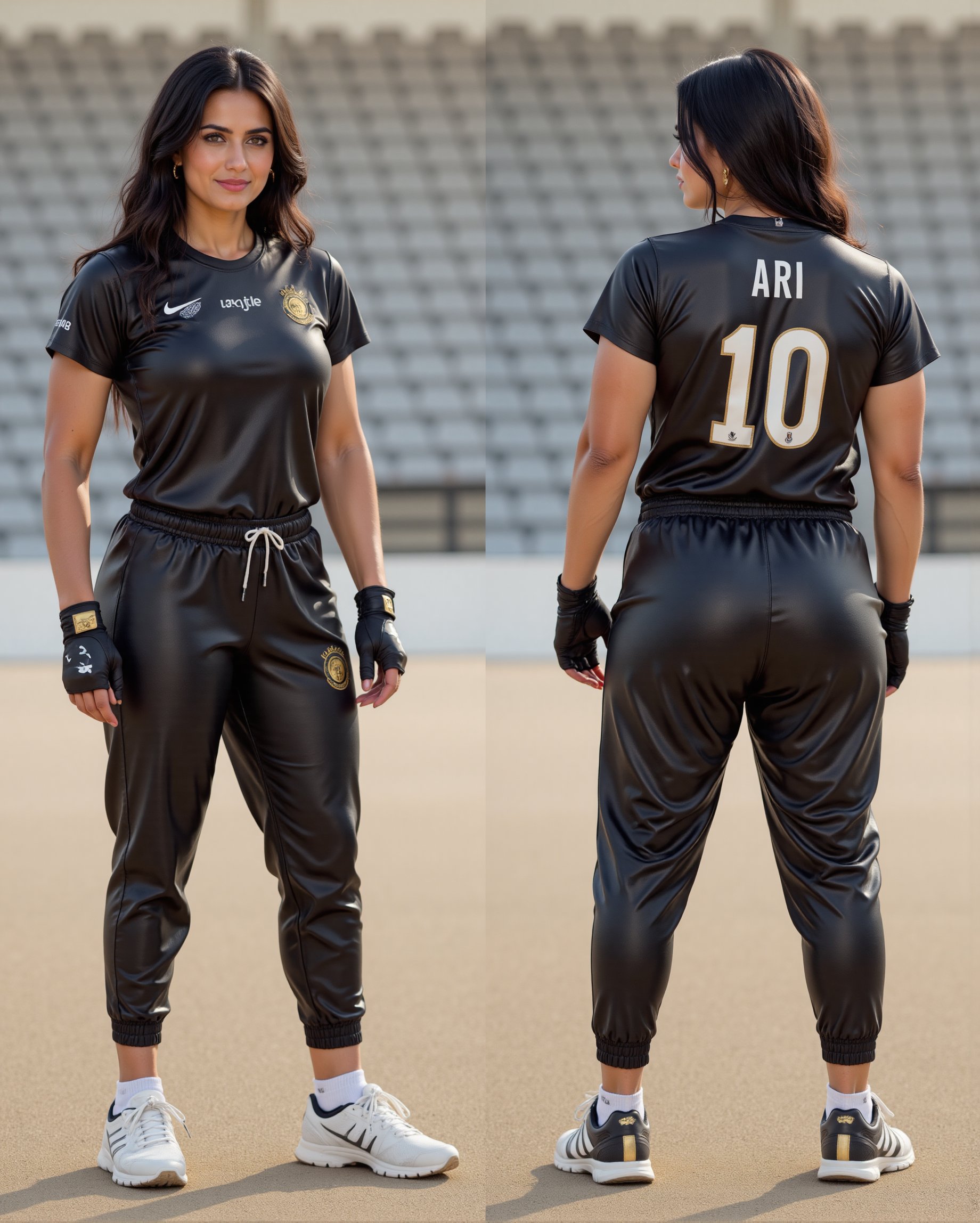 A photo of a powerful Indian woman athlete in a sports jersey. She wears a leather sport jersey, leather drawstring joggers, knuckle gloves and branded sport shoes. The background is empty stadium. Her name ARI, number 10, and her sponsers name printed on jersey and the drawings joggers. The photo is taken from two angles, one showing her from the front and the other showing her from back.