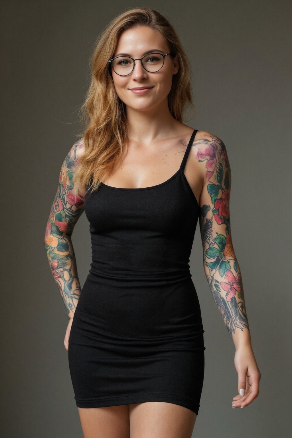 Full-body Photograph of a 30yo nordic woman with very long wavy hair.
She has a cute round face, wears glasses and smiles.
She wears a tight fitted elegant short sheaths dress that clings to her slender body. 
Her left arm is covered in a tattoo sleeve that shows vines in intense vibrant colors and Details. 