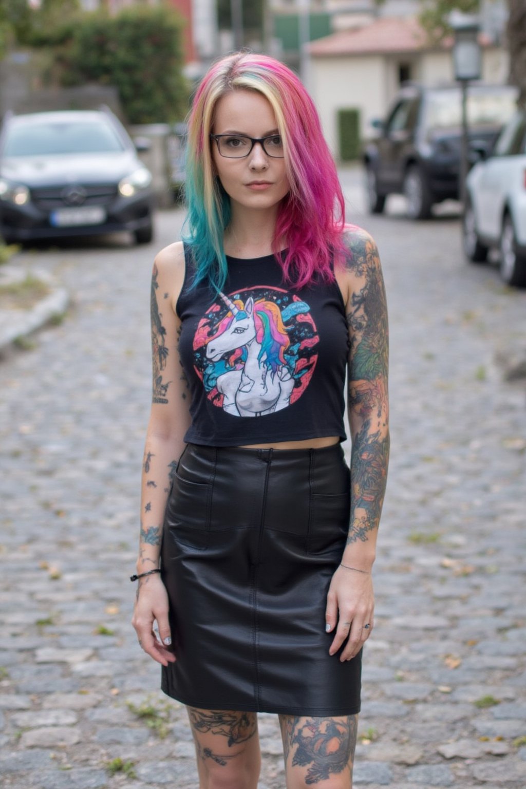 An amateurish photo of a vibrant rainbow haired Su1c1de_G1rls woman stands on a cobblestone street. She is dressed in a tight fitted sleeveless top and a short leather pencil skirt. 
The top shows a colorful design of a unicorn in Manga style. 
Her arms and legs are adorned with tattoos, adding a pop of color to her outfit. The woman's hair is cascading down her shoulders, framing her face. In The background a few cars are parked on the side of the street.