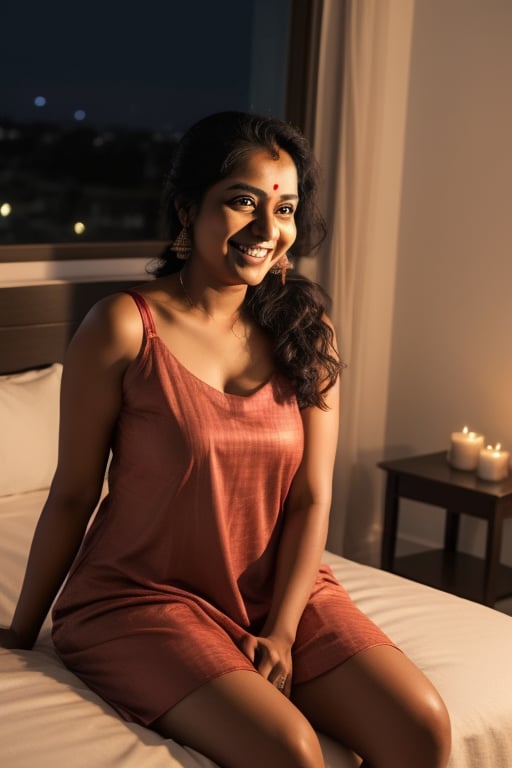 Dusky tamil woman in night dress smiling,  sitting on bed,  checking mobile by user_776990413394522497 on Tensor.Art
