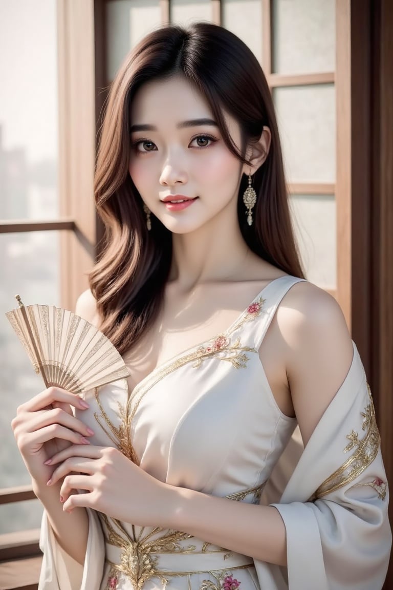 A hyper-realistic anime portrait of a modern,  beautiful Asian woman with long flowing black hair,  wearing an elegant whi...