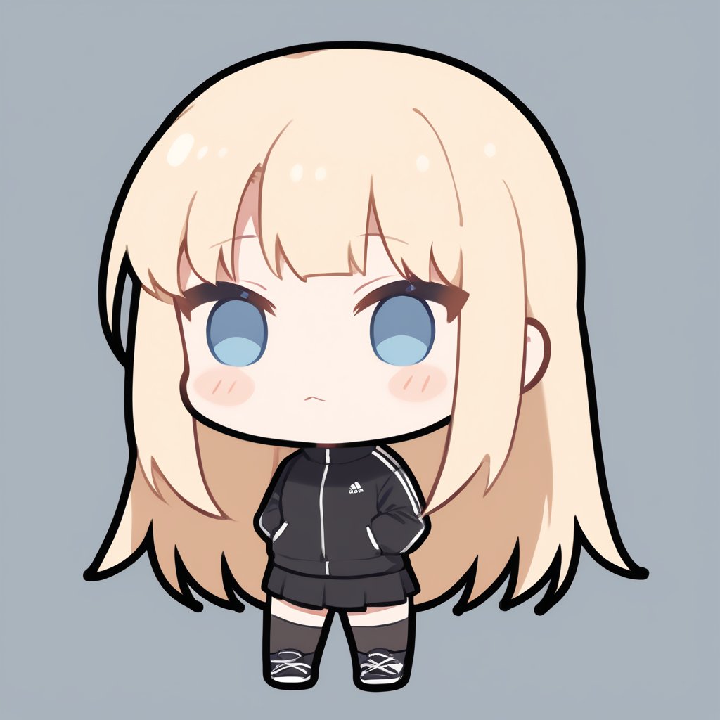 1girl, stoat girl, solo, ((blonde hair)), long hair, blue eyes, (bangs), black adidas track jacket, (black skirt), black sneakers, solo, black stockings, (chibi,), blush,, simple white background, standing,