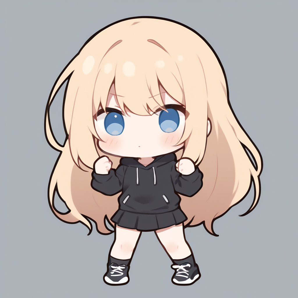 1girl, girl, solo, (blonde hair,) long hair, (bangs), blue eyes, black hoodie jacket, (black skirt), black sneakers, solo, black socks, (chibi,), blush,, giving fist bump., simple white background,