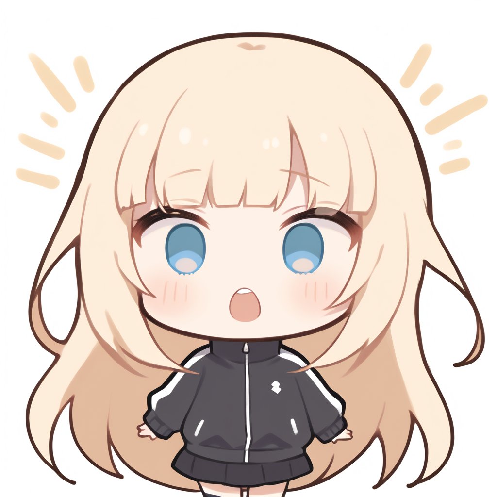 1girl, stoat girl, solo, ((blonde hair)), long hair, blue eyes, (bangs), black sports track jacket, (black skirt), black sneakers, solo, black stockings, (chibi,), blush,, simple white background, blush, (surprise), (surprised), (mouth open), Upper Body,