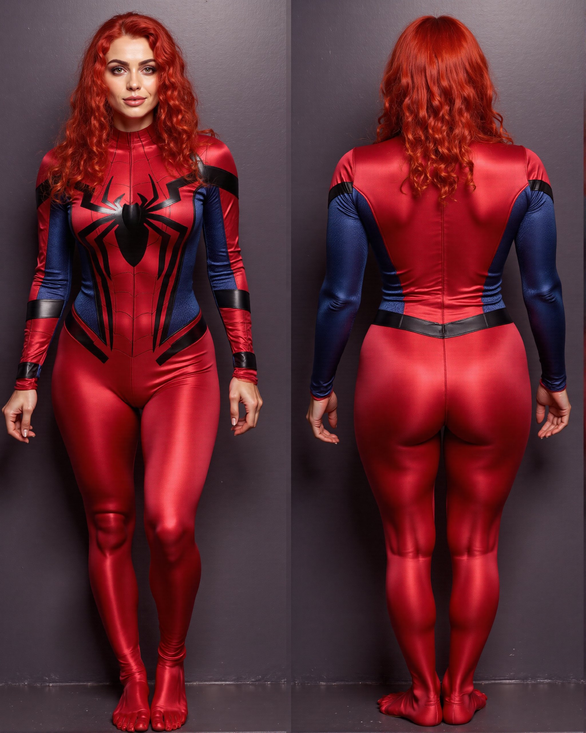 A woman with flowing,  straight red hair wearing a form-fitting satin Spider-Woman suit,  her entire body visible in a ful...