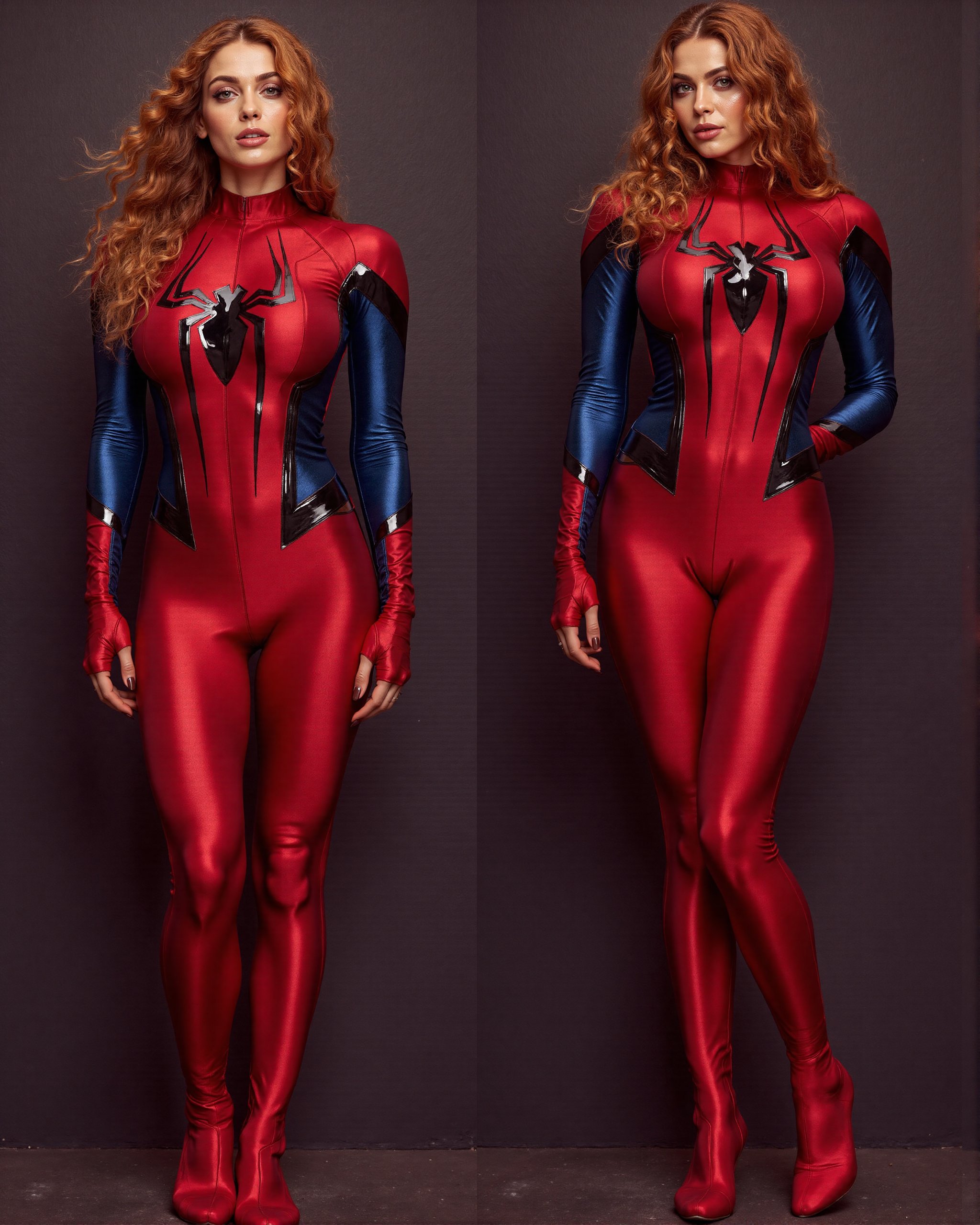 A woman with flowing,  straight red hair wearing a form-fitting satin Spider-Woman suit,  her entire body visible in a ful...