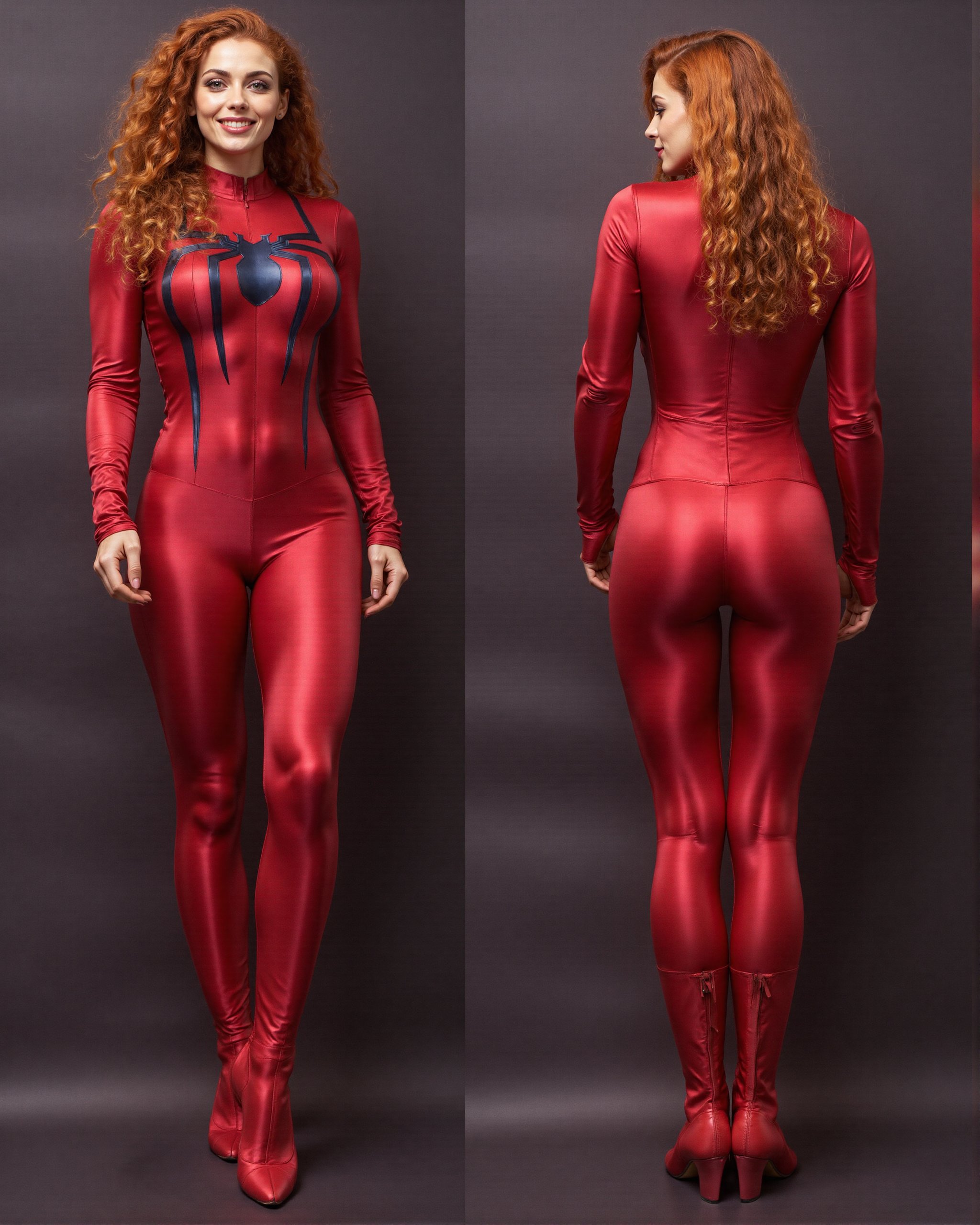 A woman with flowing,  straight red hair wearing a form-fitting satin Spider-Woman suit,  her entire body visible in a ful...
