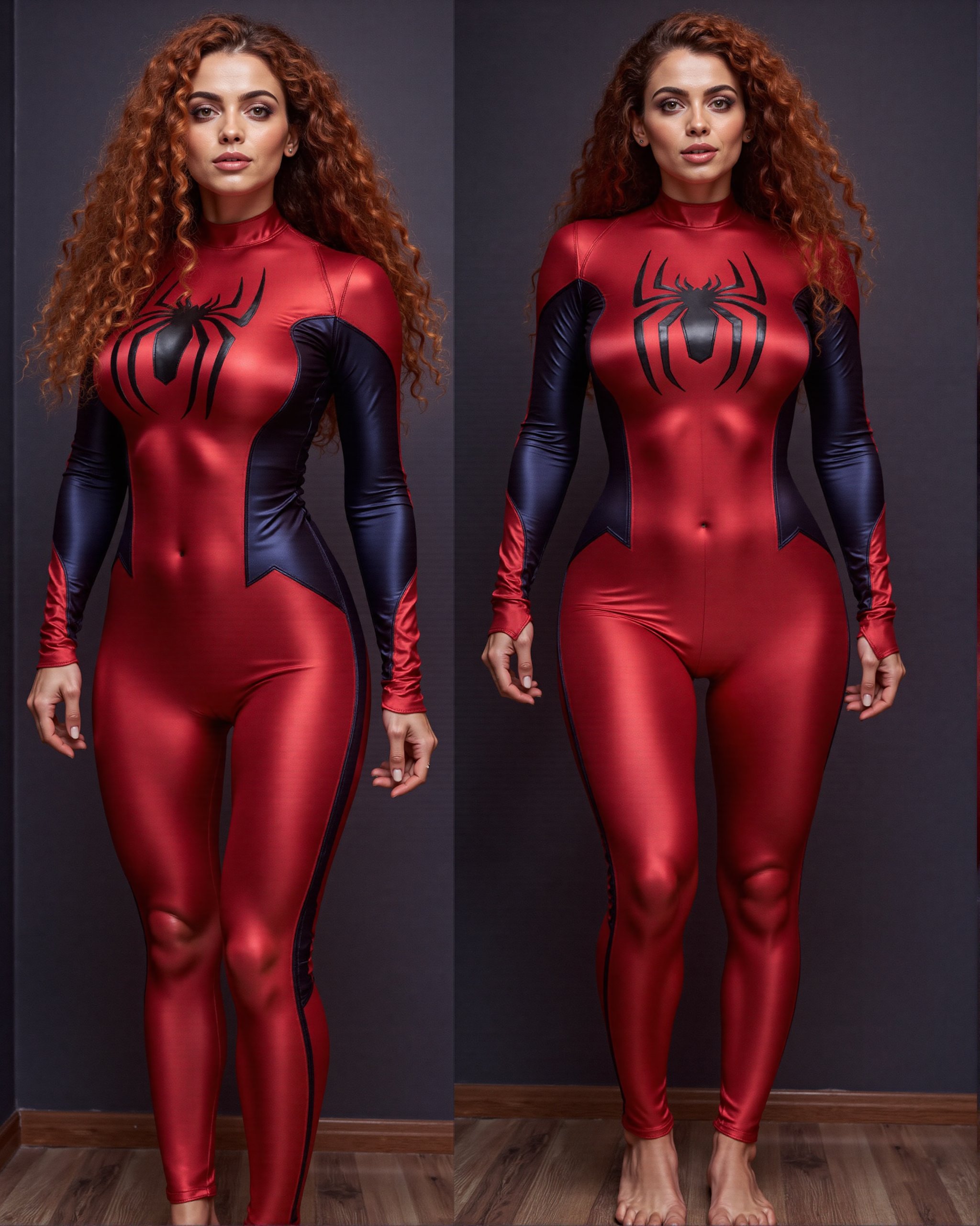 A woman with flowing,  straight red hair wearing a form-fitting satin Spider-Woman suit,  her entire body visible in a ful...