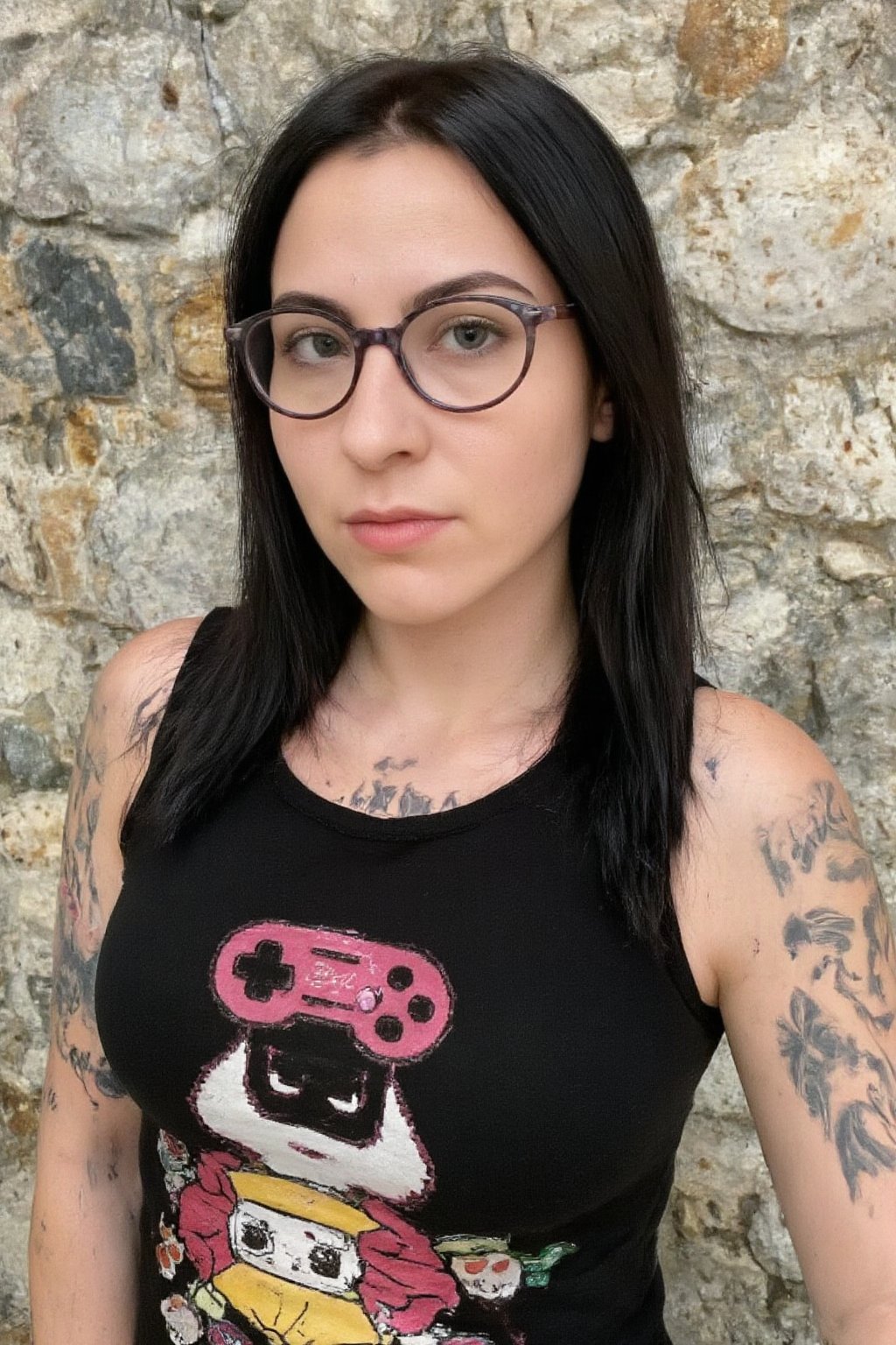 A photo of a 30yo goth Russian woman with very long straight natural black hair, a cute round face with freckles, tattoos, glasses. She wears a tight fitted sleeveless black top with a cute and nerdy gaming design.