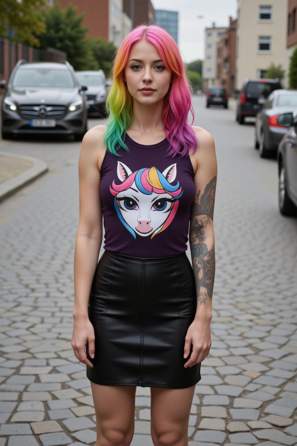 An amateurish photo of a vibrant rainbow haired Su1c1de_G1rls woman stands on a cobblestone street. She is dressed in a tight fitted sleeveless top and a short leather pencil skirt. 
The top shows a colorful design of a unicorn in Manga style. 
Her arms and legs are adorned with tattoos, adding a pop of color to her outfit. The woman's hair is cascading down her shoulders, framing her face. In The background a few cars are parked on the side of the street.