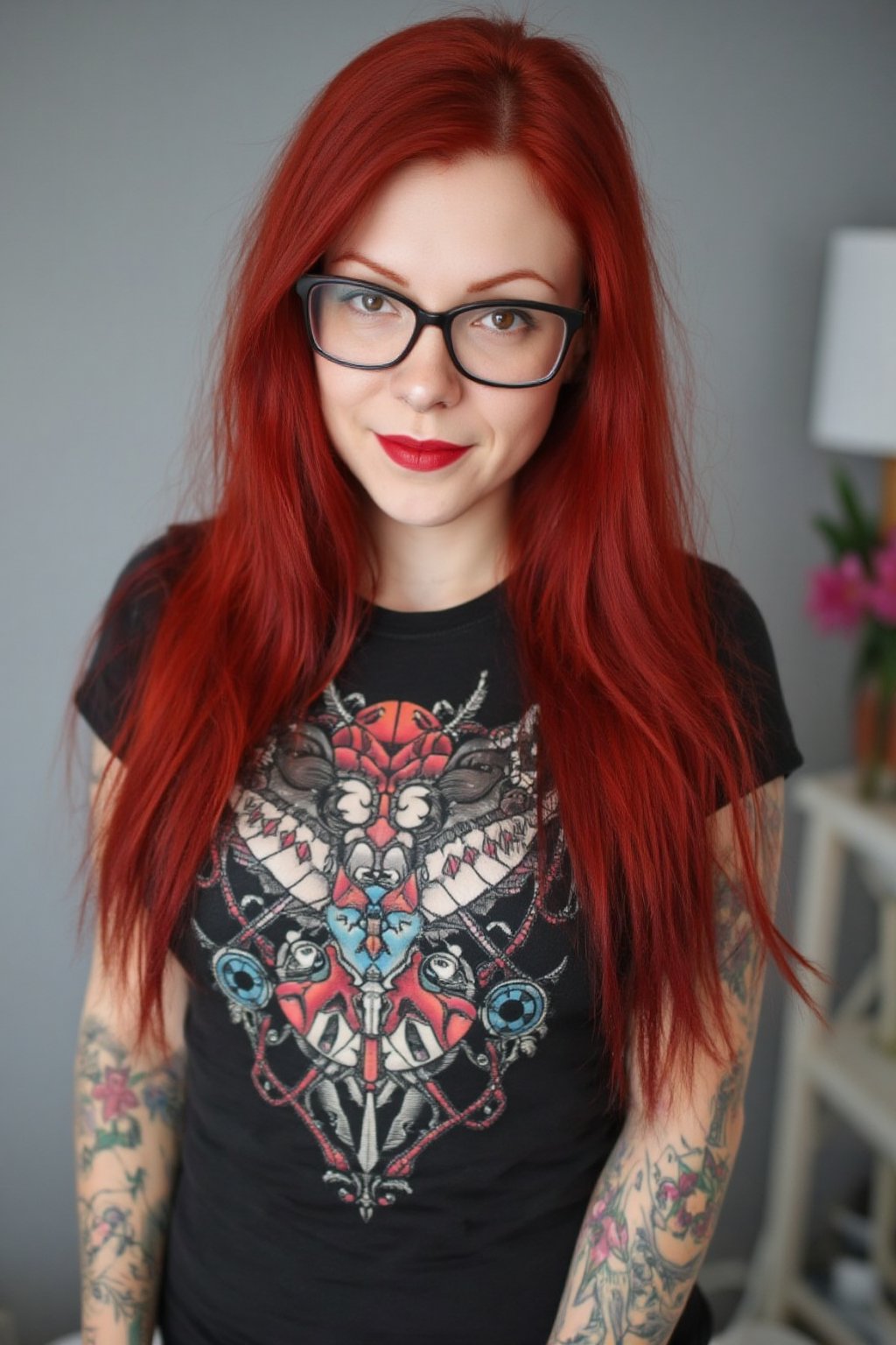 A photo of a 30yo goth T4tt00_G1rl woman with very long straight natural red hair, a cute round face with freckles, tattoos, glasses. She wears a tight fitted t-shirt with a cute and nerdy gaming design.