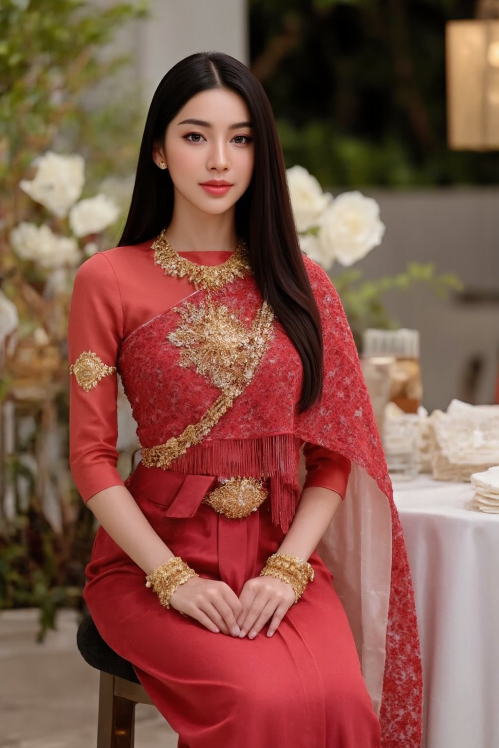 Beautiful Thai woman, 20 years old, long straight black hair, beautiful smile, wearing red Emperor Thai dress. Around his neck he wore a diamond necklace encrusted with gems. The left wrist wears a gold bracelet. She is sitting and working. In the palace during the reign of King Rama V, there were laptops, coffee cups, and snacks on the tables. [Thai dress][Gold color][Flawless beautiful face][Perfect figure][Full body][Full body picture][8K clarity]