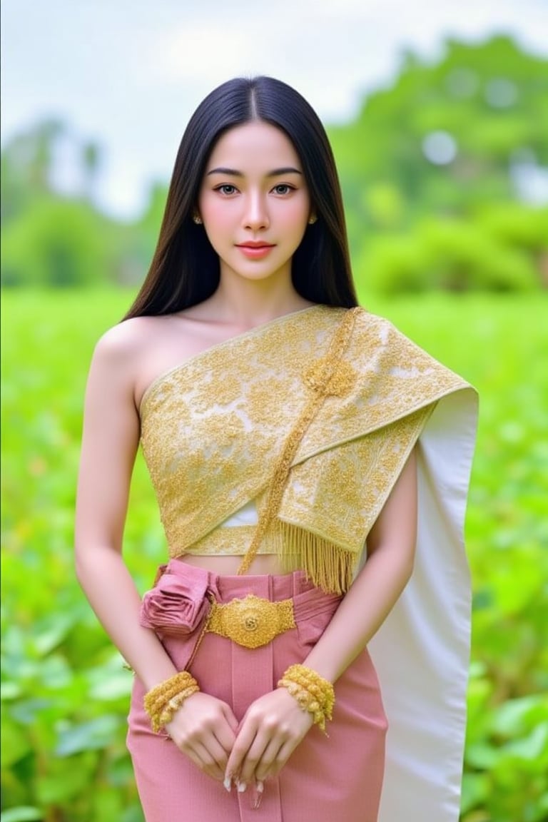 Beautiful Thai woman, 20 years old Long straight black-brown hair She looked confidently, smiling slightly. Wearing a golden Thai Emperor costume He has a crown on his head. The left wrist wears a gold bracelet with a Thai pattern. Both hands join together She stood in a green field filled with all kinds of flowers. full body photo By a professional photographer with a Canon EF24-70mm f2.8l camera.