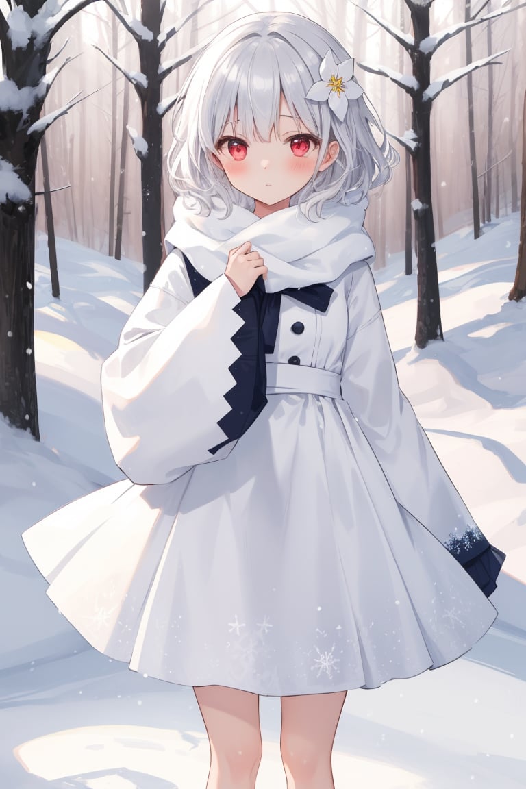 masterpiece, best quality, ultra-detailed, extremely detailed, depth of field, 1girl, solo, short hair, blush, bangs, red eyes, hair ornament, long sleeves, dress, closed mouth, light  silver hair, standing, outdoors, hair flower, wide sleeves, white dress, snow, wavy hair, winter, snowflakes, snowy forest, twilight, hair flaps