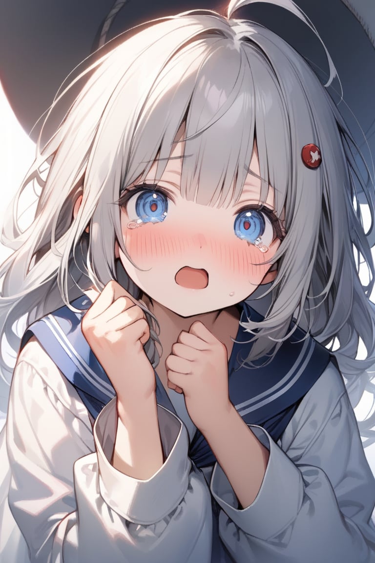 1girl, :d, blush, blue eyes, dress, lifebuoy, long hair, long sleeves, looking at viewer, sailor collar, sailor dress, simple background, solo,upper body, waving, white background,masterpiece, best quality, extremely detailed, (illustration, official art:1.1), 1 girl , long hair ((blush)) , cute face, masterpiece, best quality,(((((a very delicate and beautiful girl))))),Amazing,beautiful detailed eyes,blunt bangs((((little delicate girl)))),(((tareme))),droopy eyes.(true beautiful:1.2), sense of depth,,(tiny 1girl model:1.2),)(flat chest), A beautiful anime-style girl with long,,(((detailed)))Blue Eyes,Transparent hair,Face of Sadness,Sad beautiful girl,A solo girl with long black hair and an ahoge, looking directly at the viewer. She has bangs, blue eyes, and a blush on her cheeks.Tears in her eyes, her hands are up, and she has a hair ornament.she is afraid of something. , The simple white background.