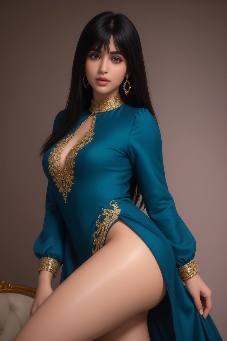 A 28-year-old beautiful and confident Indian woman with mesmerizing purple eyes and soft, black hair with side bangs. She is standing in a confident pose, legs slightly apart, looking directly at the viewer with a gentle smile. She wears a royal blue silk kurta with gold embroidery, elegant skinny long sleeves, and fitted leggings, paired with delicate round earrings and a stylish letter choker. Her figure is curvy and well-balanced, with natural, radiant skin and flawless makeup: blush eyeshadow, thick lashes, and glossy lips. Shot in a full-body frame with movie studio lighting and ultra-high resolution (8K, HDR), the image is photorealistic with a soft bokeh background, focusing on her captivating presence. The composition highlights intricate details in her outfit and facial features while maintaining a natural and elegant look