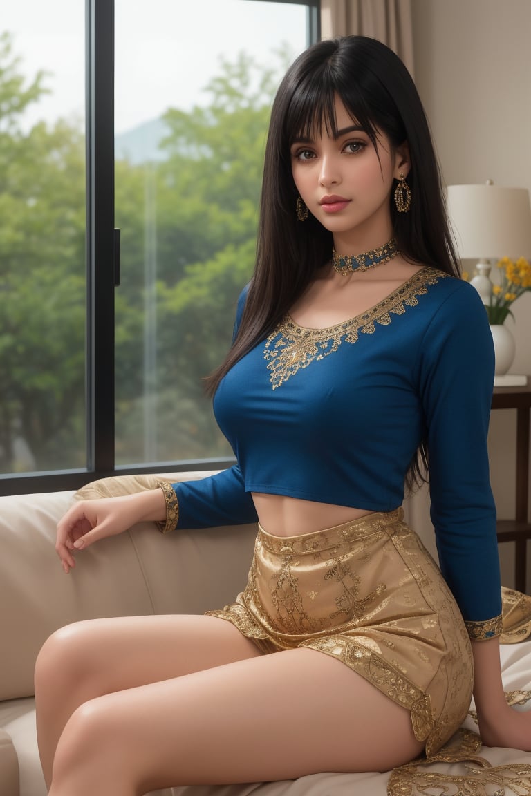 A 28-year-old beautiful and confident Indian woman with mesmerizing purple eyes and soft, black hair with side bangs. She is standing in a confident pose, legs slightly apart, looking directly at the viewer with a gentle smile. She wears a royal blue silk kurta with gold embroidery, elegant skinny long sleeves, and fitted leggings, paired with delicate round earrings and a stylish letter choker. Her figure is curvy and well-balanced, with natural, radiant skin and flawless makeup: blush eyeshadow, thick lashes, and glossy lips. Shot in a full-body frame with movie studio lighting and ultra-high resolution (8K, HDR), the image is photorealistic with a soft bokeh background, focusing on her captivating presence. The composition highlights intricate details in her outfit and facial features while maintaining a natural and elegant look