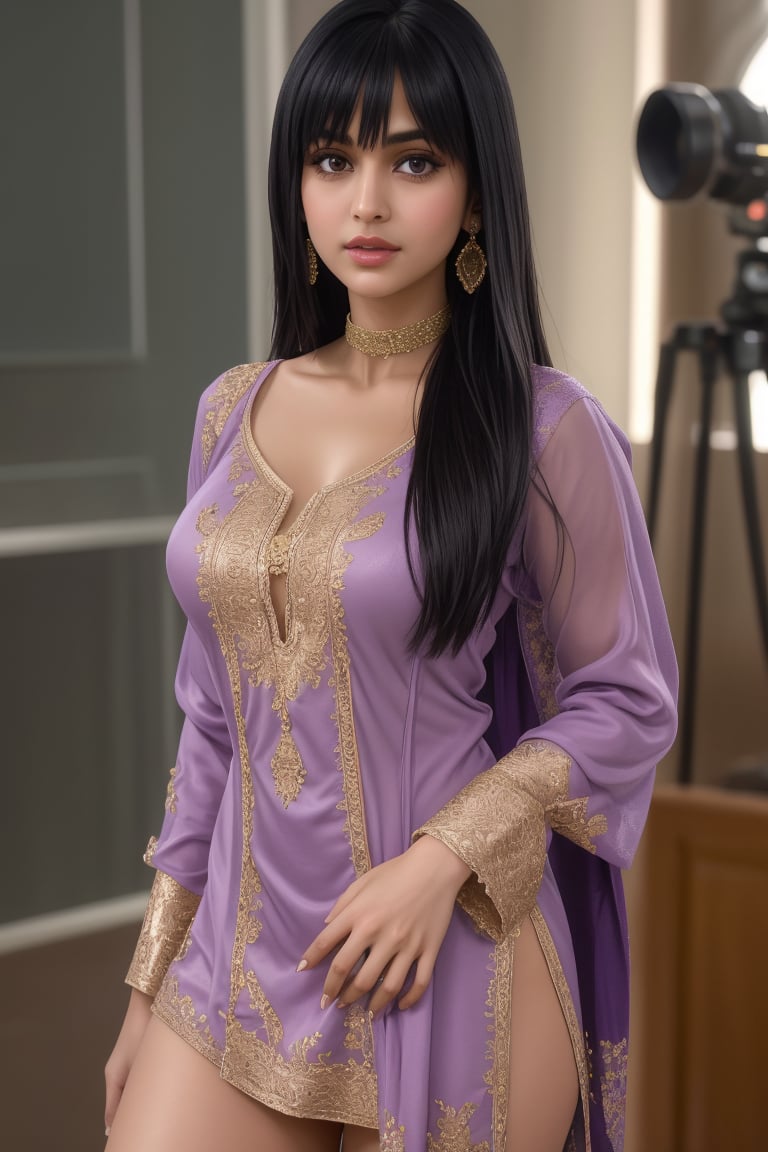 A 28-year-old beautiful and confident Indian woman with mesmerizing purple eyes and soft, black hair with side bangs. She is standing in a confident pose, legs slightly apart, looking directly at the viewer with a gentle smile. She wears a royal blue silk kurta with gold embroidery, elegant skinny long sleeves, and fitted leggings, paired with delicate round earrings and a stylish letter choker. Her figure is curvy and well-balanced, with natural, radiant skin and flawless makeup: blush eyeshadow, thick lashes, and glossy lips. Shot in a full-body frame with movie studio lighting and ultra-high resolution (8K, HDR), the image is photorealistic with a soft bokeh background, focusing on her captivating presence. The composition highlights intricate details in her outfit and facial features while maintaining a natural and elegant look