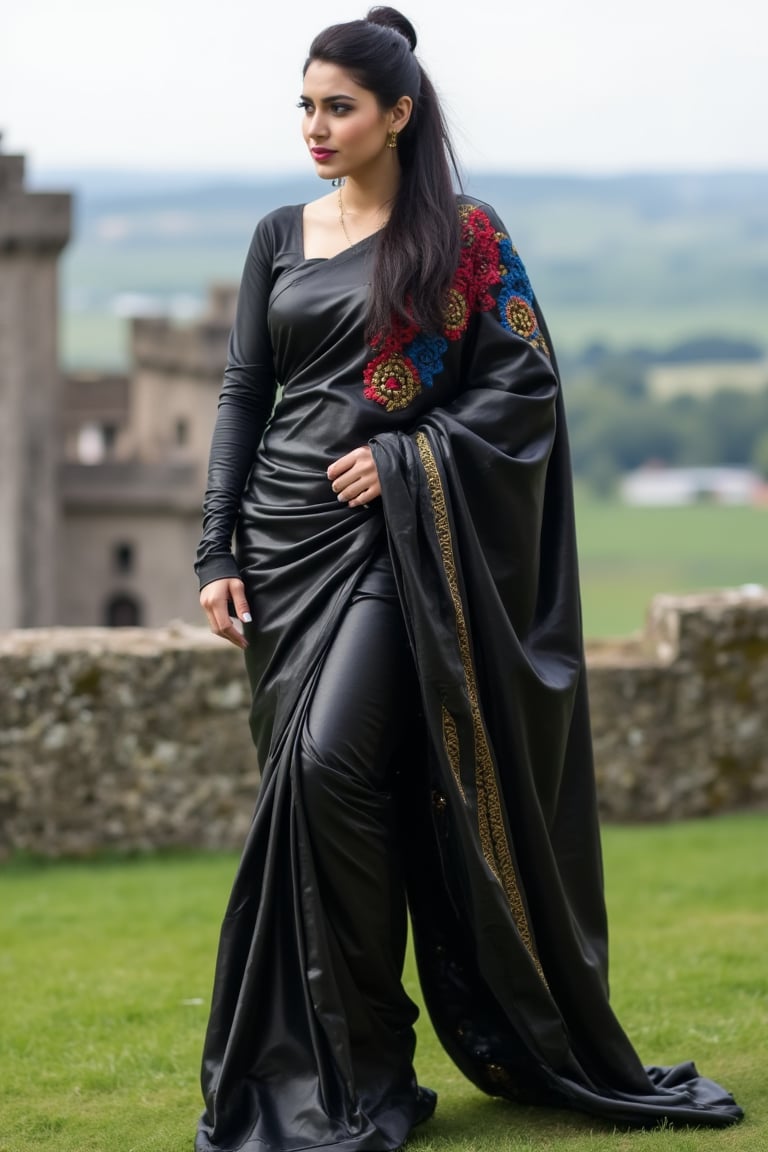 A fierce woman draped in a sleek, high-gloss black leather saree that wraps tightly around her hourglass figure, exuding confidence and power. Paired with shiny satin blouse, the contrast of textures heightens her dominant presence.
Dressed in a striking combination of a leather saree and satin blouse, embroidered with crimson, deep blue and golden threads this woman embodies strength and allure. The saree’s polished leather fabric flows sensually, while the satin blouse gleams under the natural lit setting. Her fitted blouse, with long sleeves and a high neckline, adds sophistication, while her figure remains emphasized by the draping leather.
She stands tall in leather sandals, with a castle in the background. Her commanding presence takes center stage as she gazes over the landscape, poised for action.