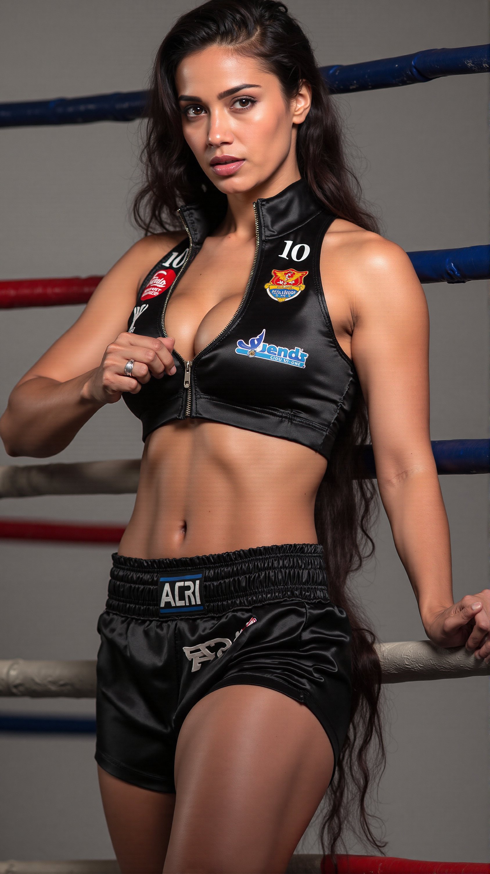 Candid of lady boxer, showcasing her full fit physique from head to toe in a striking Satin-leather uniform.
She wears a (satin boxing top with zip) and (Leather boxing pants with zip), She wears (branded sports shoe). The uniform has symbols and stickers of the club and the sponsors. The top has and boxer shorts has her number 10 and name ARI printed on it.
She has dark hair. Blue eyes. Natural dark brown lips.
(Background of a boxing ring).