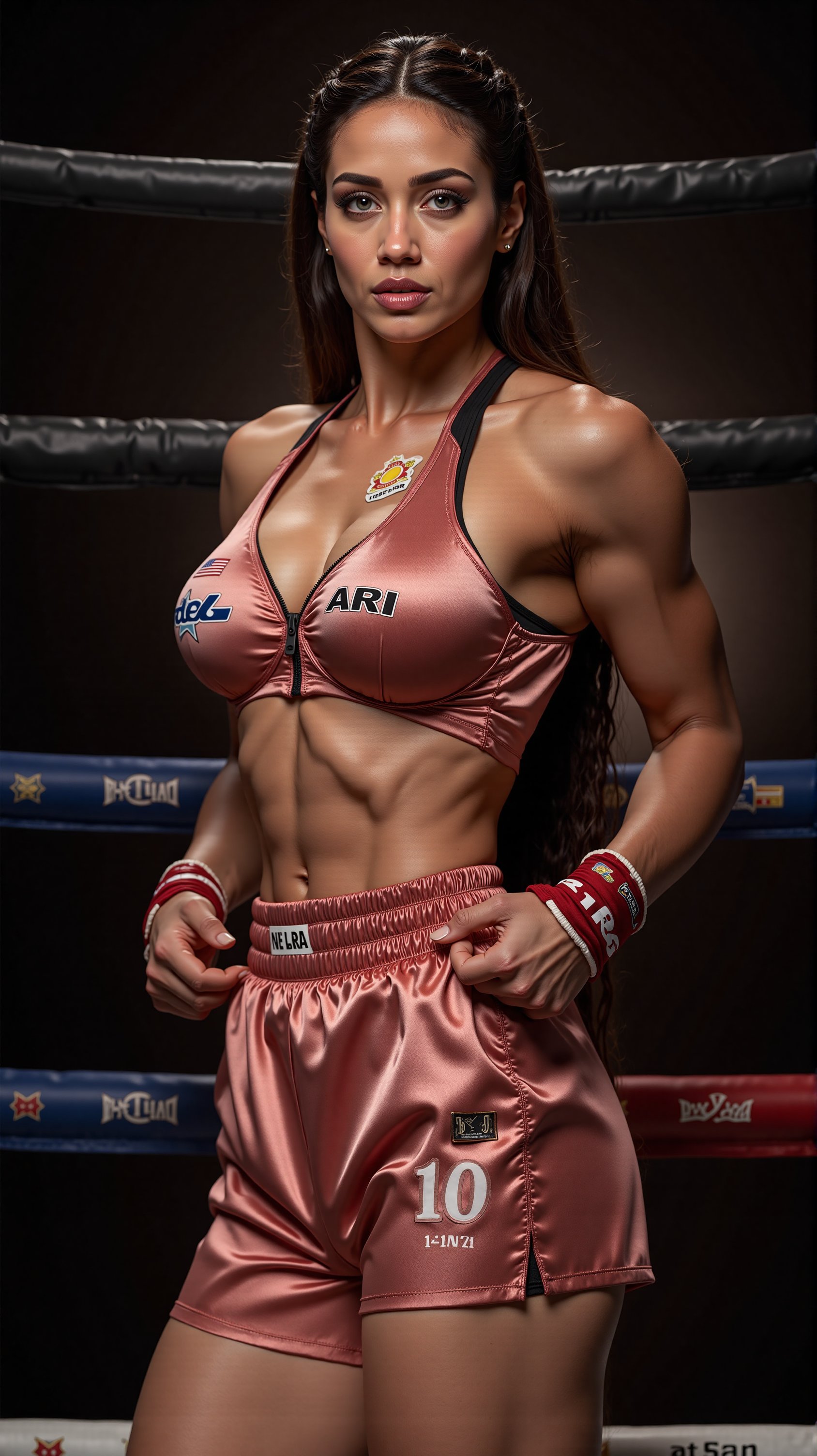 Candid of lady boxer, showcasing her full fit physique from head to toe in a striking Satin-leather uniform.
She wears a (satin boxing top with zip) and (Leather boxing pants with zip), She wears (branded sports shoe). The uniform has symbols and stickers of the club and the sponsors. The top has and boxer shorts has her number 10 and name ARI printed on it.
She has braided hair. Blue eyes. Natural dark brown lips.
(Background of a boxing ring).