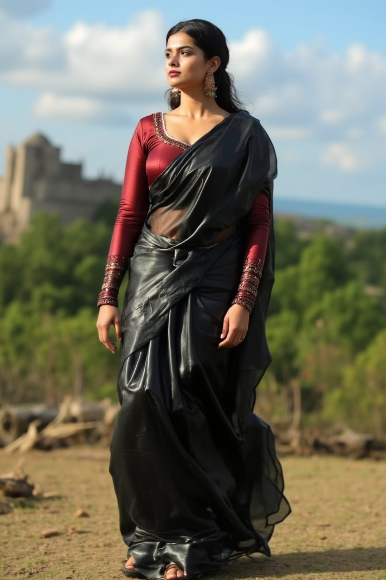 A fierce woman draped in a sleek, high-gloss black leather saree that wraps tightly around her hourglass figure, exuding confidence and power. Paired with shiny satin blouse, the contrast of textures heightens her dominant presence.
Dressed in a striking combination of a leather saree and satin blouse, embroidered with crimson, deep blue and golden threads this woman embodies strength and allure. The saree’s polished leather fabric flows sensually, while the satin blouse gleams under the natural lit setting. Her fitted blouse, with long sleeves and a high neckline, adds sophistication, while her figure remains emphasized by the draping leather.
She stands tall in leather sandals, with a castle in the background. Her commanding presence takes center stage as she gazes over the landscape, poised for action.