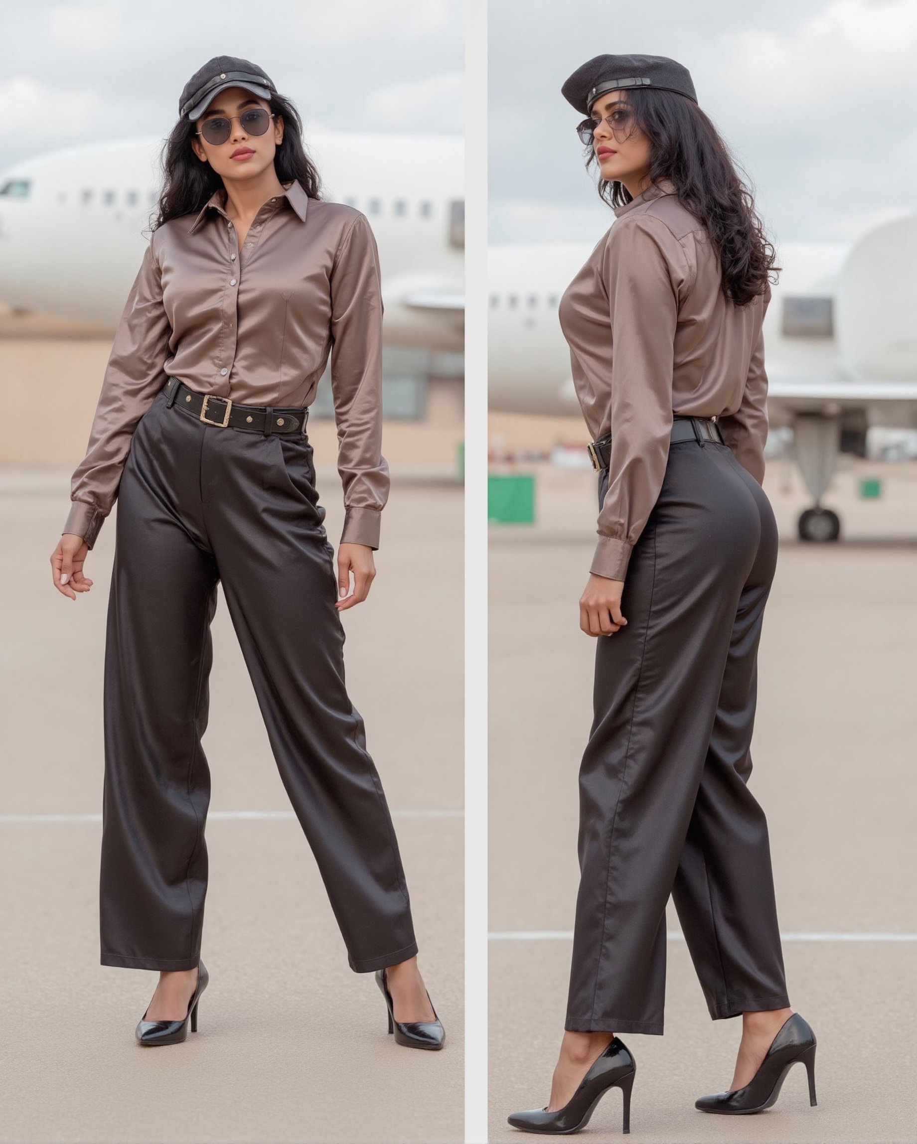 A photo of a powerful Indian pilot in a striking uniform. She is standing tall and has a bold face with sunglasses. The uniform features a fitted shiny satin shirt with a high collar and polished silver buttons and shiny satin trousers. A leather belt cinches her waist, and a leather police cap enhances her naturally red lips. The background is an airport with few green elements. The photo is taken from two angles, showing her from the front and the back.