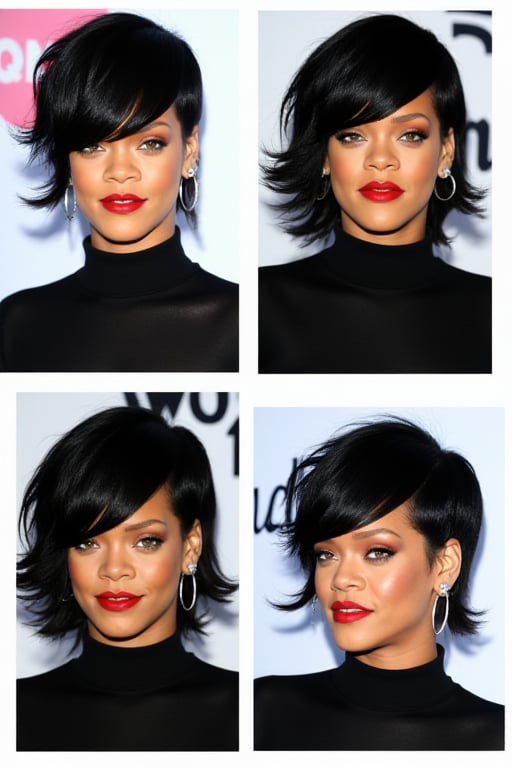 contact sheet with 4 images of Rihanna woman with a messy short bob cut wearing a black turtleneck
