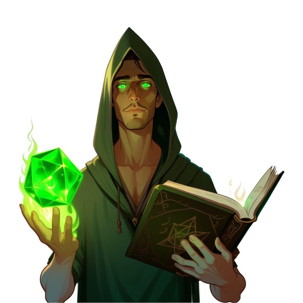 Wizard, a handsome man, glowing green eyes, full lips, small chin, a hooked nose, dark green hood, in his hand a magical green fire with an icosahedron, holding an ancient large black book, 2D comic style