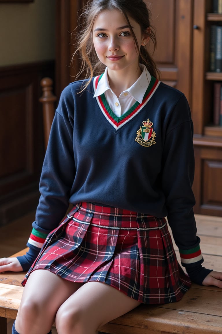 Depict a teenage girl in a classic Italian private school uniform with rich details. She wears a navy-blue,  crew-neck swe...